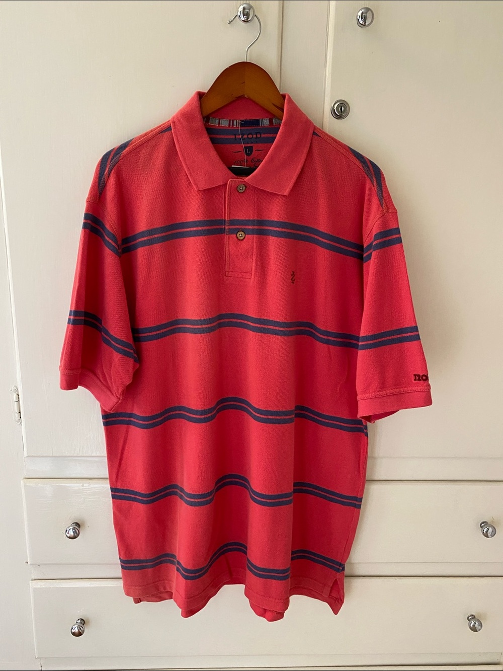 Izod Red Blue Stripe Men’s Short Sleeve Polo Shirt Size Large New with Tags